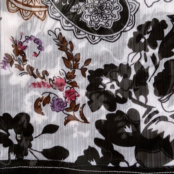 ONE WORLD Boho Peasant Semi Sheer Top Blouse MEDIUM Black White Pink Floral - Picture 9 of 13